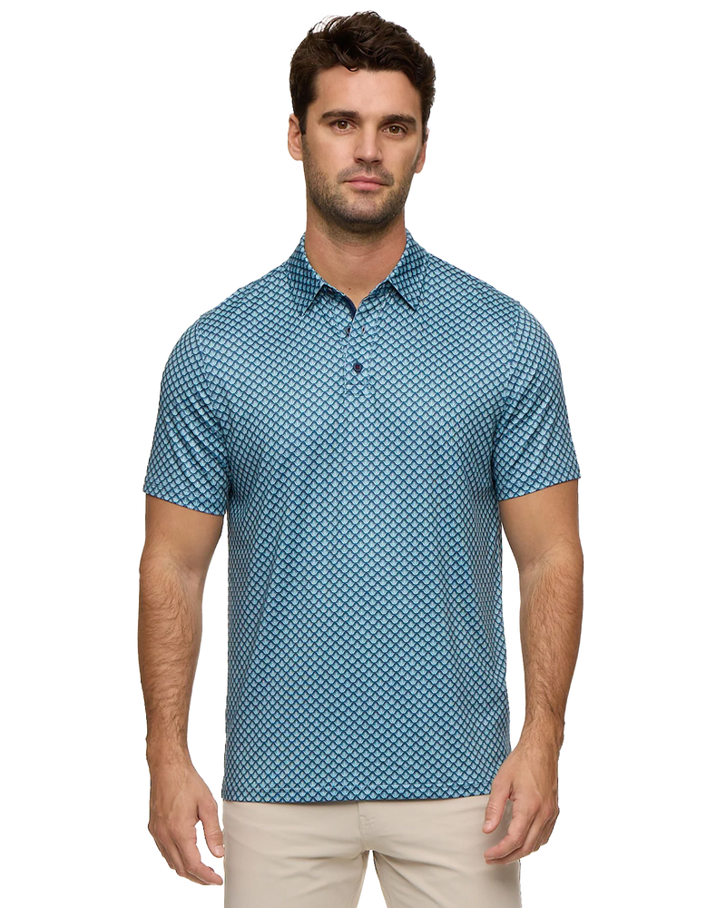 Man wearing a blue patterned polo shirt on a white background
