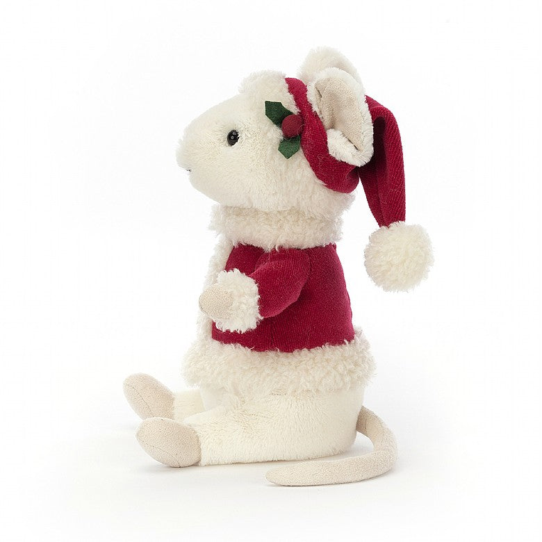 Mouse wearing a fleece-trimmed scarlet coat and Santa hat!