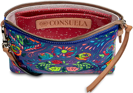 Blue crossbody bag with rainbow floral stitching detail