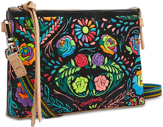 Rectangle crossbody bag with multicolor flowers all over the front and black solid color on the back