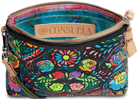 Rectangle crossbody bag with multicolor flowers all over the front and black solid color on the back
