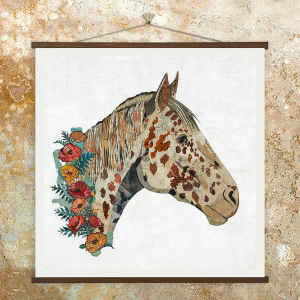 Limited edition art print series of the original Poppy paper collage of an appaloosa horse with signature spotted coat and poppy flowers, shown in profile.