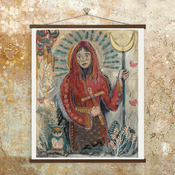 Limited edition art reproduction of the 2023 Mary of the Moonlight mixed media drawing printed on metallic photo paper. This print continues a prior saint series including Mary of the featuring religious iconography captured in an expressive, modern style.