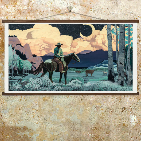 Archival reproduction of original collage-painting featuring cowboy, longhorn cattle and jackrabbit in the mountain moonlight. Contemporary Western art with a vintage feel.