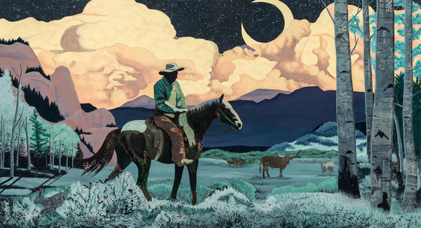 Archival reproduction of original collage-painting featuring cowboy, longhorn cattle and jackrabbit in the mountain moonlight. Contemporary Western art with a vintageArchival reproduction of original collage-painting featuring cowboy, longhorn cattle and jackrabbit in the mountain moonlight. Contemporary Western art with a vintage feel.