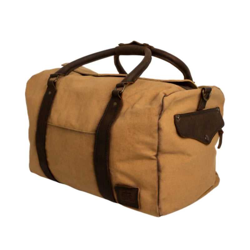 Canvas duffle bag with deep chocolate brown handle and crossbody strap
