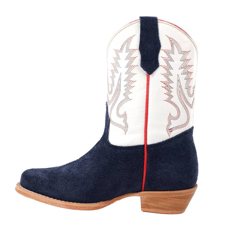 navy rough out  and winter white cowhide kids western boots.