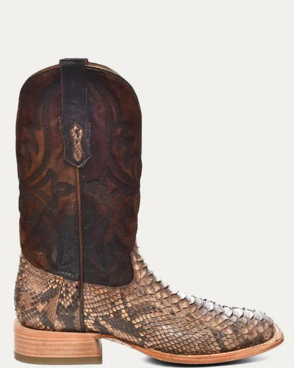 CORRAL MEN'S PYTHON AND LAMB BROWN EMBROIDERED SQUARE TOE BOOT
