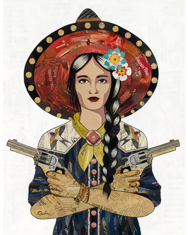 Archival reproduction of original Canyon Creek Angel collage artwork featuring a cowgirl wearing a navy western shirt with pipevine sparrow on shoulder detail and a vibrant red hat