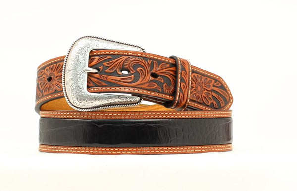 Tan leather belt with floral tooling and black croc on the back with silver belt buckle