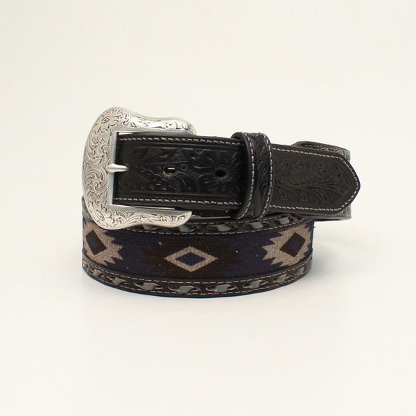 grey sanded embossed tabs and black/blue grey southwestern fabric inlay BELT