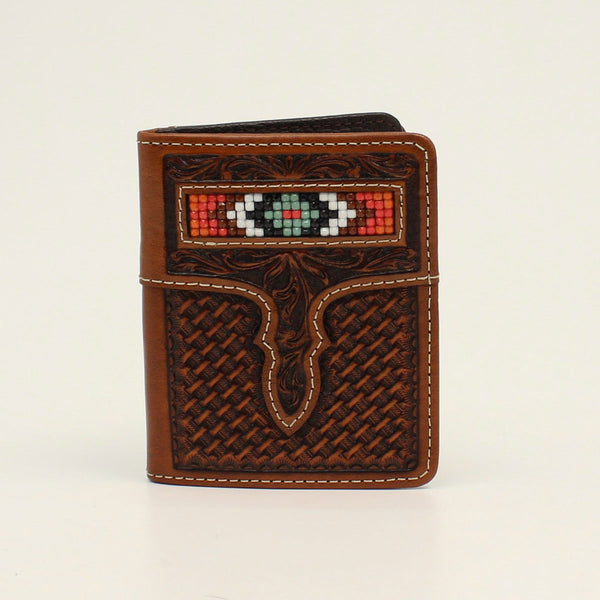 Brown leather bifold wallet with basket weave and diamond beaded accent at the top