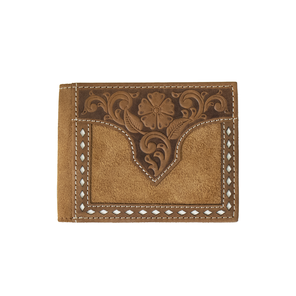 This Nocona bifold wallet by M&amp;F Western Products is genuine roughout leather and has a floral embossed tab with white buck lace stitching along the trim. Inside are credit card slots.