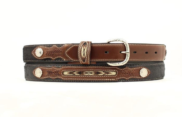 Black leather belt with brown leather, conchos, woven stitching and silver buckle