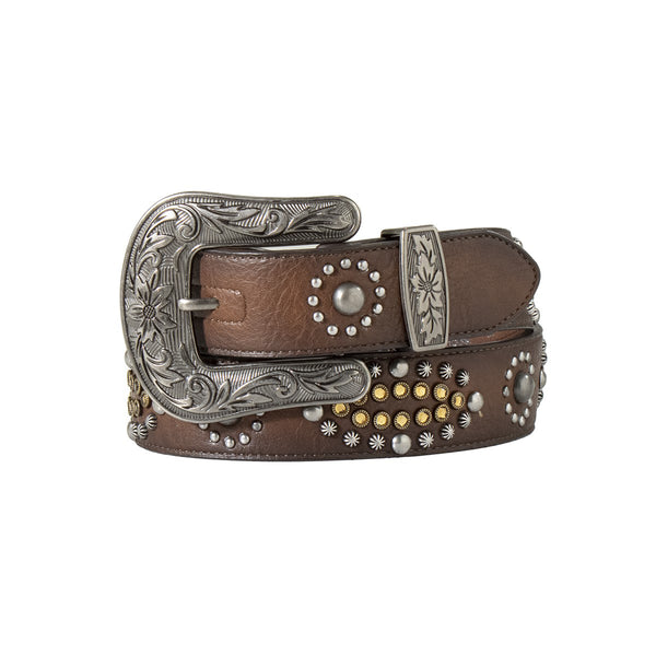Women's brown leather belt with yellow gemstones and silver studs with silver floral buckle