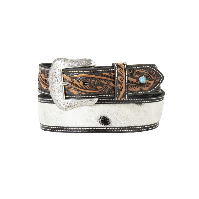 Men's black and brown belt with leather tooling and calf hair