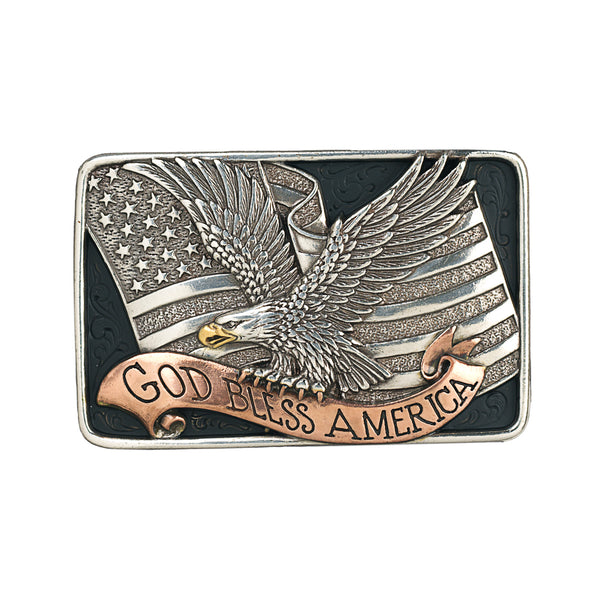 Rectangle silver belt buckle with American flag, bald eagle and banner that says "God bless America" 