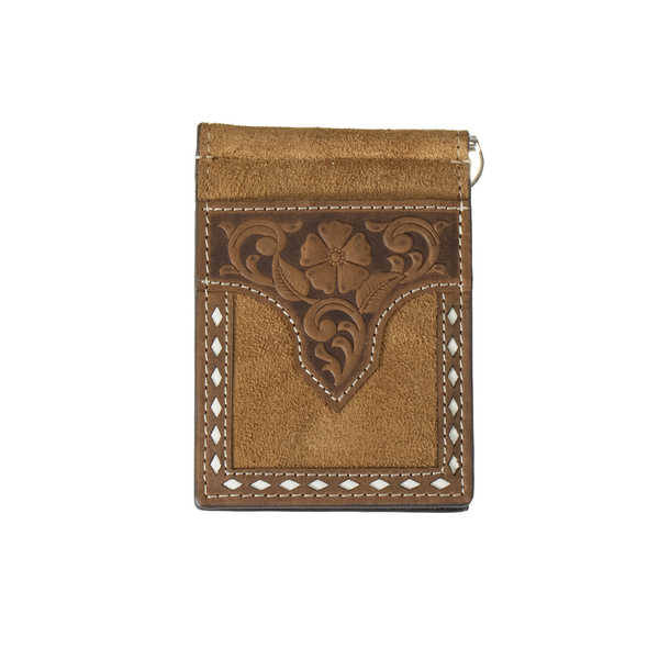 This Nocona rodeo money clip wallet by M&F Western Products is genuine roughout leather and has a floral embossed tab with white buck lace stitching along the trim. Inside are credit card slots.