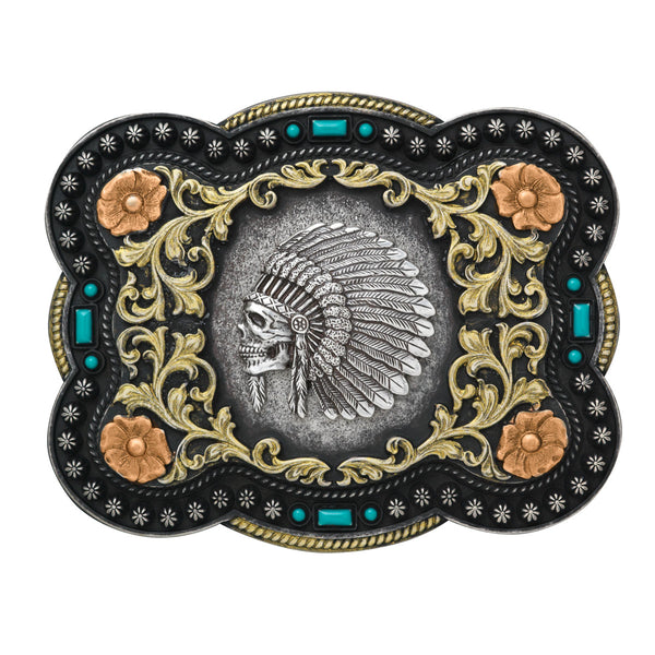 Black, gold and brass belt buckle with skull wearing Native American head dress with turquoise accents