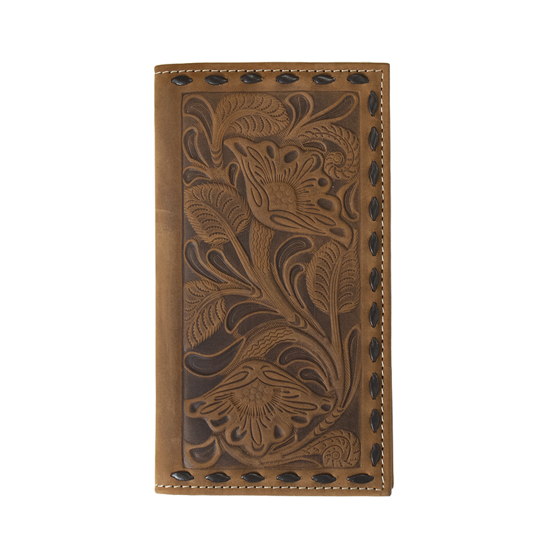 Leather tooled brown wallet with floral images and western stitching on the boarder