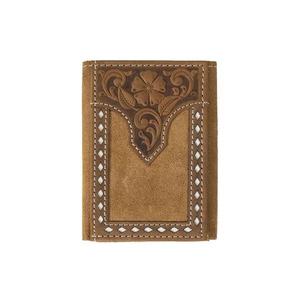 Tan roughout leather wallet with floral tooling on the top and western stitching on the boarder. This is a trifold wallet