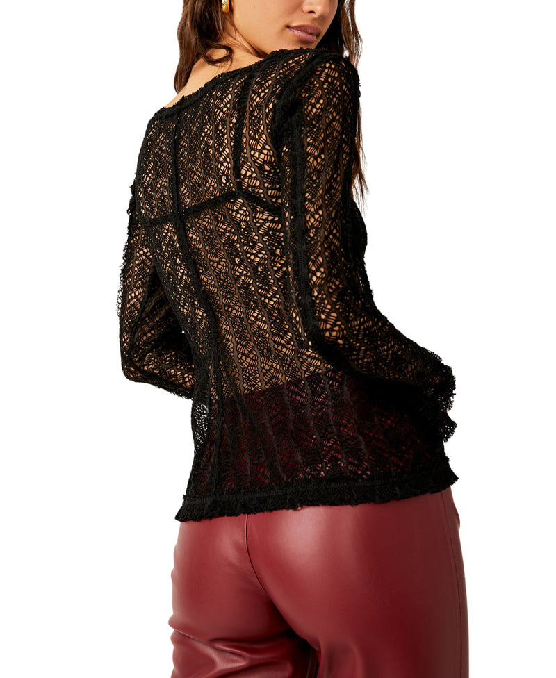 Woman wearing black see through long sleeve knit top