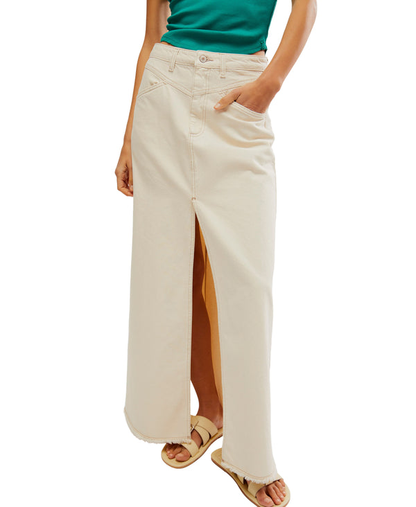 Cream color denim maxi skirt with center slit in the front