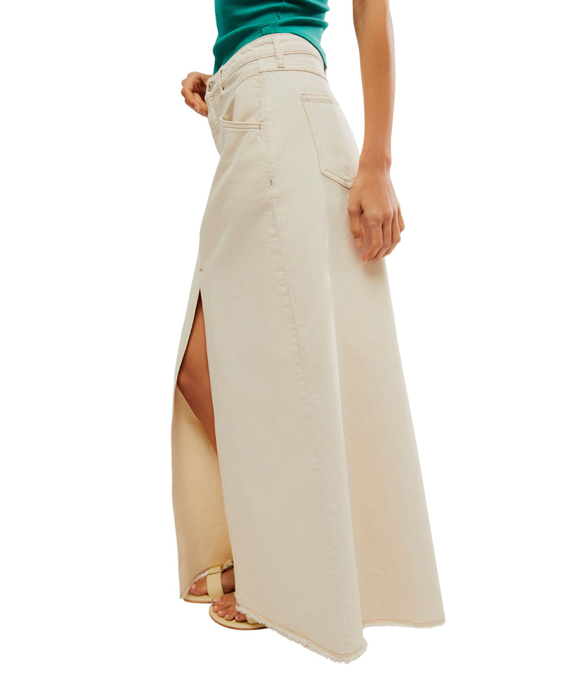 Cream color denim maxi skirt with center slit in the front