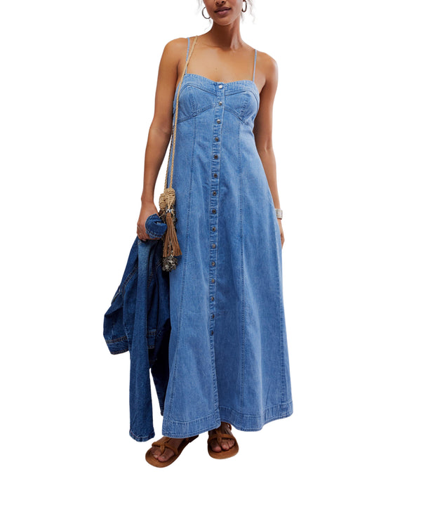 Denim maxi dress with buttons all the way down the front 