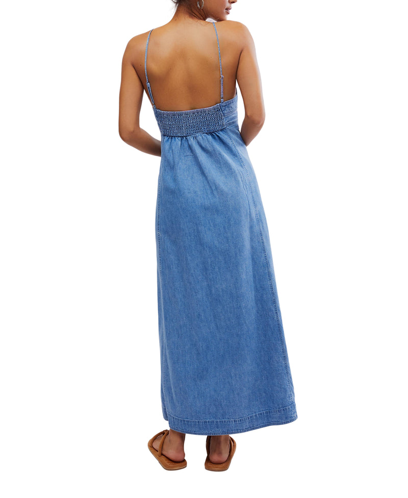 Denim maxi dress with buttons all the way down the front