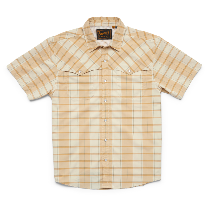 Short sleeve button up shirt with orange plaid and double breast vents