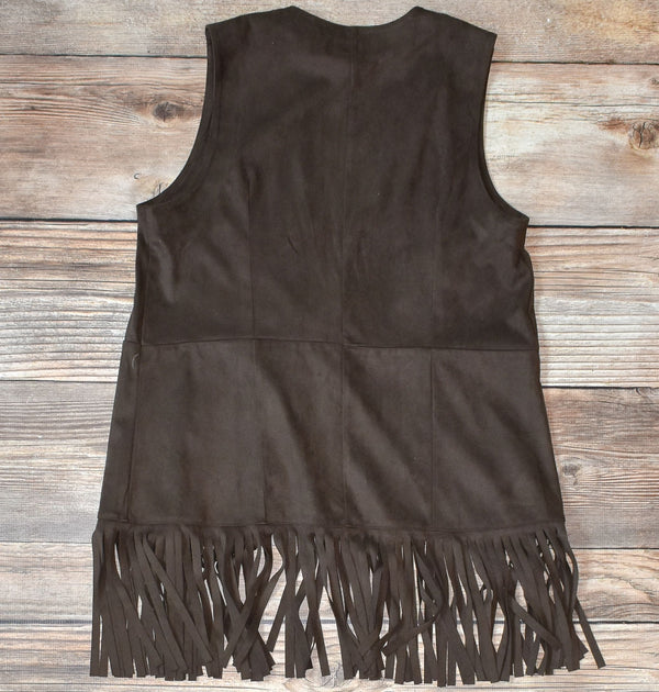 long vest features a trendy fringe hem and is made of luxurious faux suede in a rich dark brown color