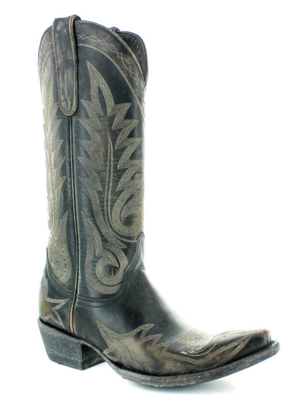 Black 13" cowboy boots with metallic stitching and gold brush detail on various spots of the leather.