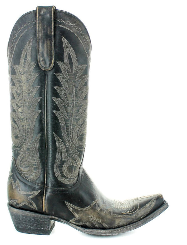 Black 13" cowboy boots with metallic stitching and gold brush detail on various spots of the leather.