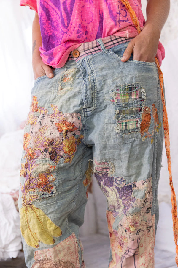 Woman wearing patchwork pants