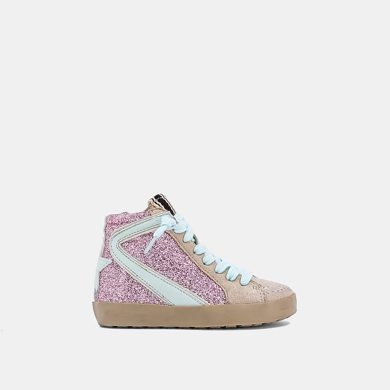 PINK GLITTERY HIGH TOP WITH BLUE STRIPE ON THE SIDE AND BLUE STAR ON BACK