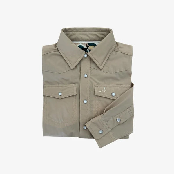 Folded beige shirt with button details on a white background