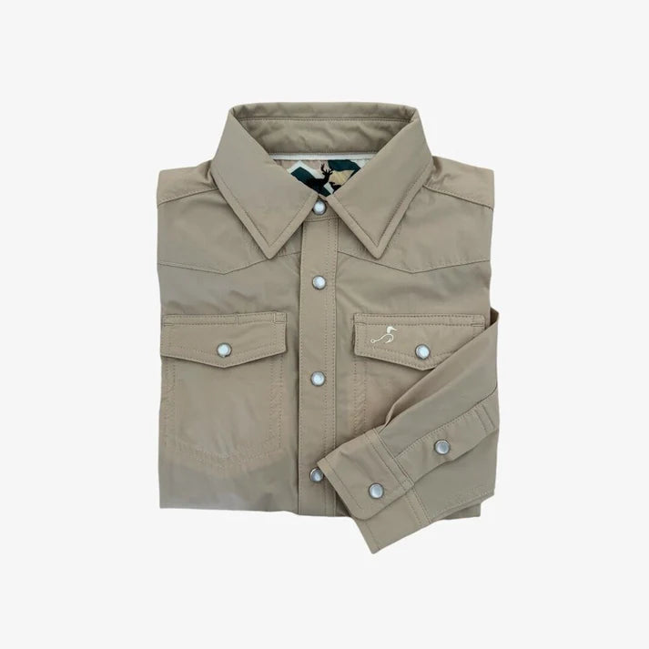 Folded beige shirt with button details on a white background