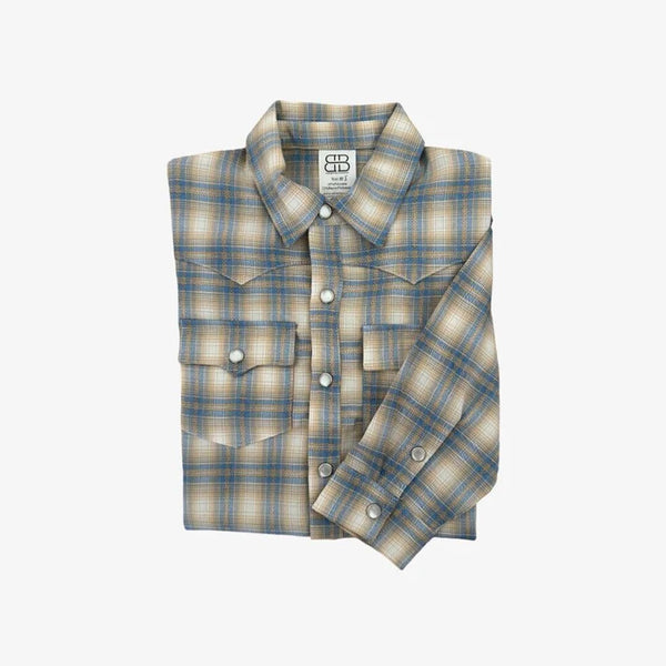Folded plaid shirt with a visible brand logo on a white background