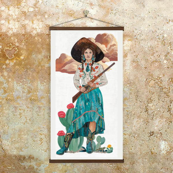 Archival reproduction of original paper collage featuring a western heroine poised in a turquoise skirt, bold cowboy boots and a cowboy hat with a wide brim.