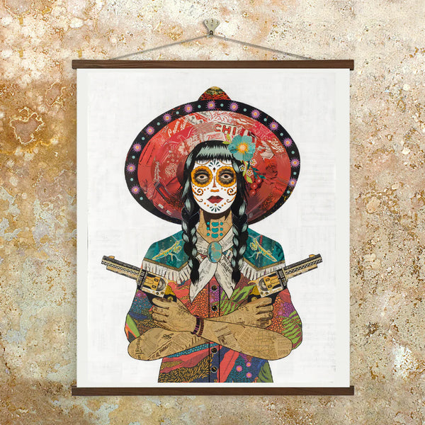 Archival reproduction of original Praying Mantis Paper collage artwork. Day of the Dead/Día de los Muertos cowgirl wearing a bold western shirt with praying mantis detail, flowers in her hair and bright hat.