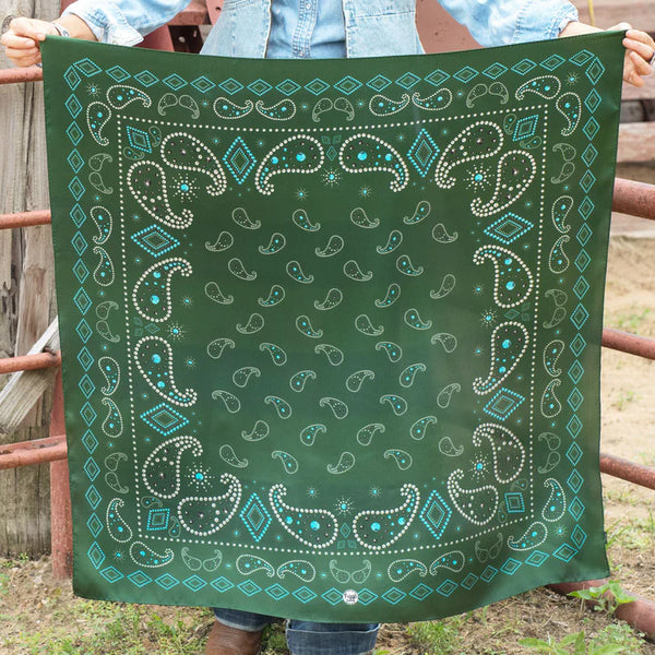 Green wild rag in a bandana pattern on silk fabric