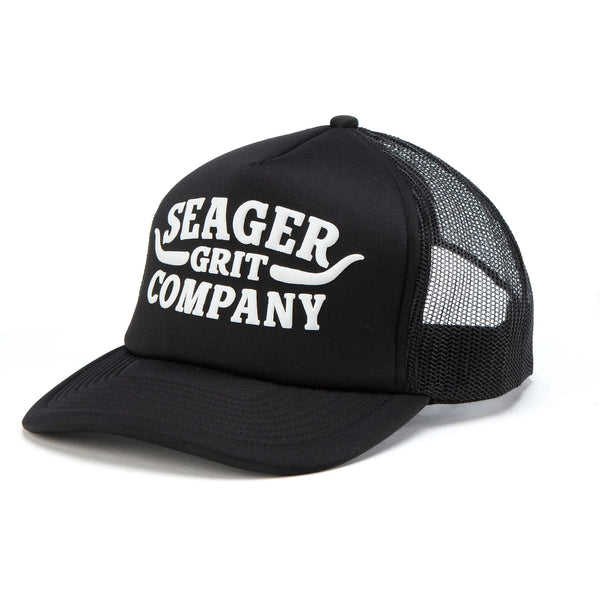 Black foam trucker hat with script "Seager Grit Company" with longhorns coming out of script