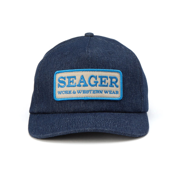 Denim ball cap with patch that says "Seager Work & Western Wear"