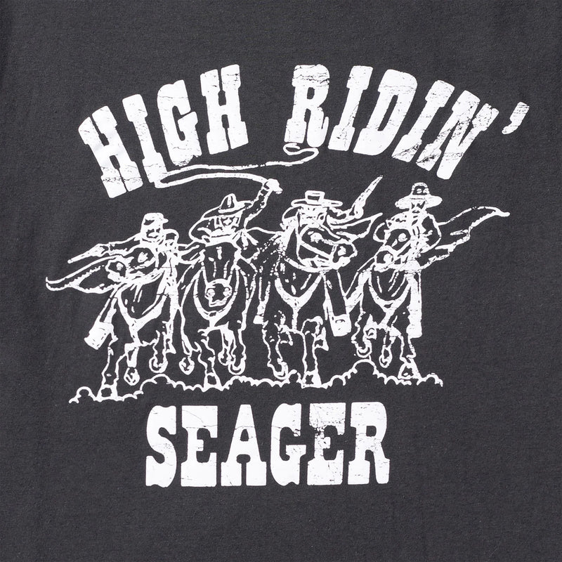 Black short sleeve t-shirt with script "High Ridin" Seager" with outline of cowboys on horses.