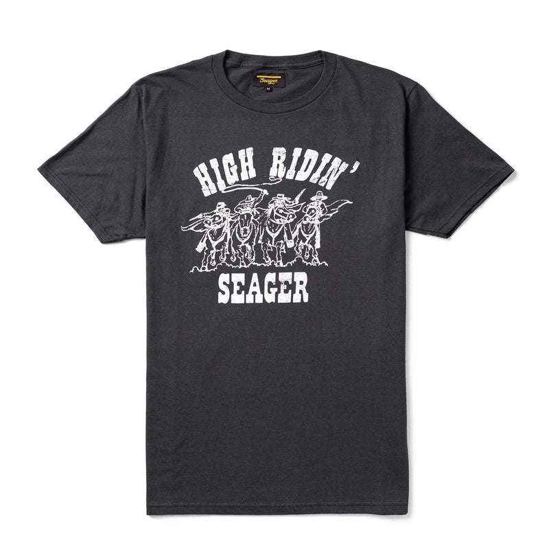 Black short sleeve t-shirt with script "High Ridin" Seager" with outline of cowboys on horses.