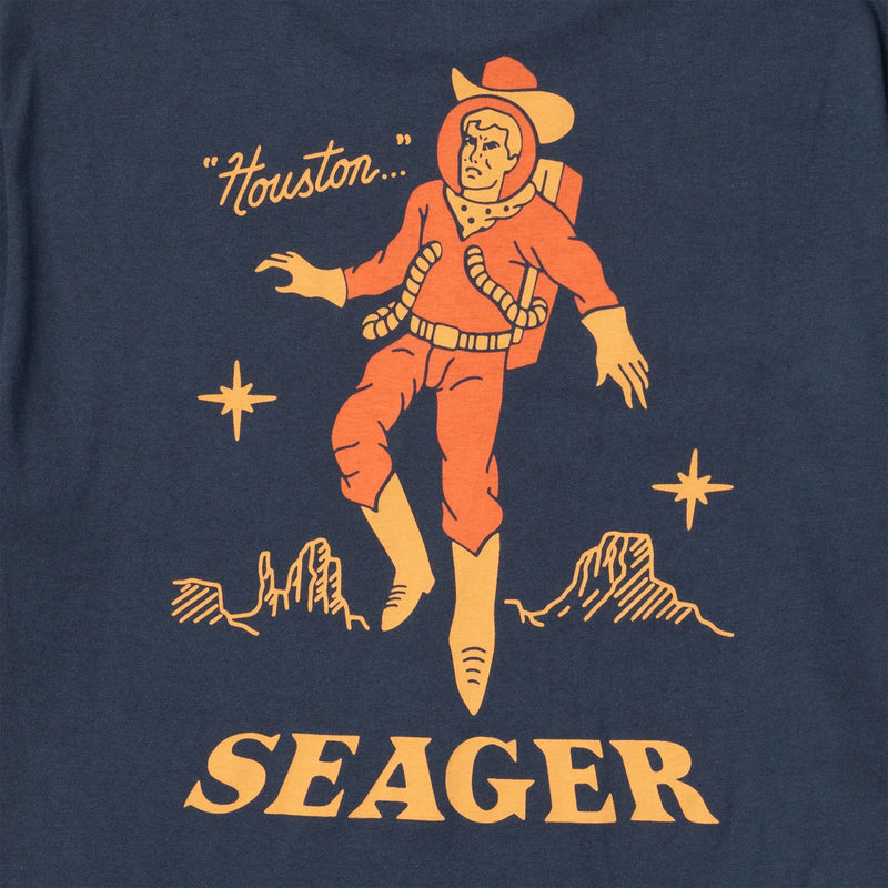 Short sleeve navy t-shirt with cowboy in a space suit with "Houstin... SEAGER" on the graphic