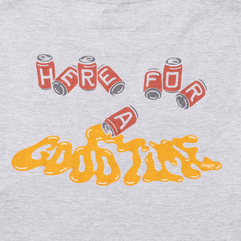 Short sleeve heather grey t-shirt with graphic of beer cans that says "Here for a good time"
