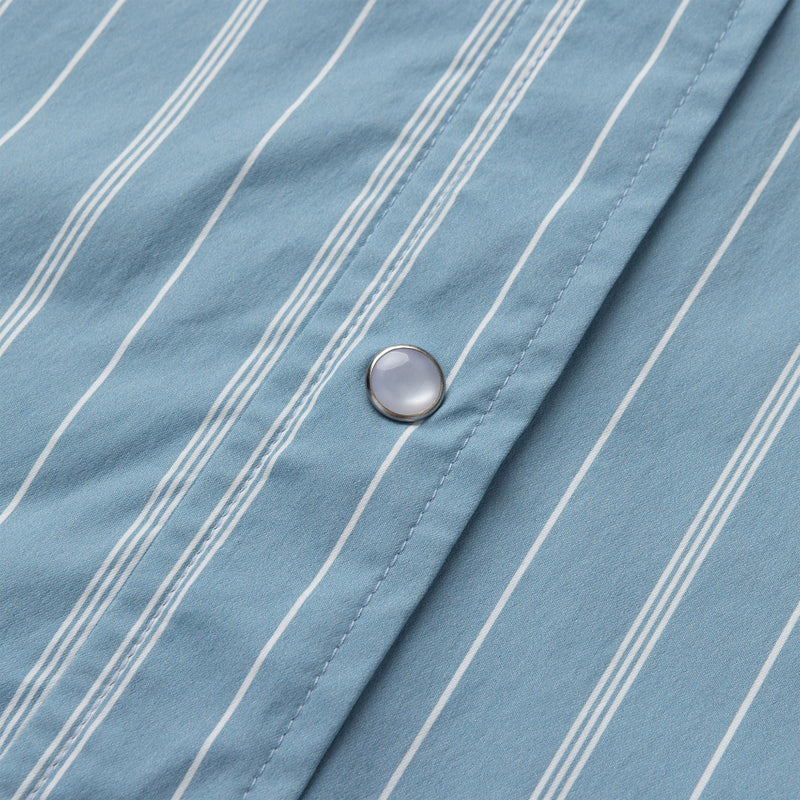 Men's short sleeve pearl snap shirt with white and blue vertical stripes and double breast pockets
