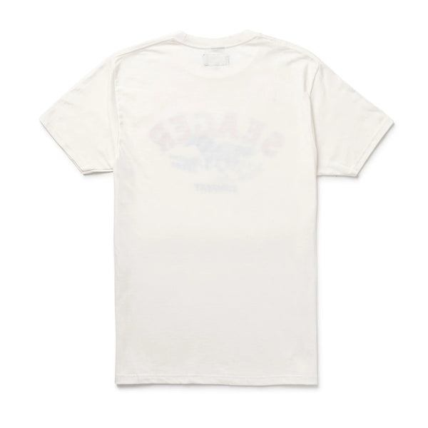 White short sleeve t-shirt with "Seager Western Company Western Wear" and horse running full speed in a red, white and blue colorway